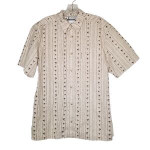 COLUMBIA Tan Palm Tree Hawaiian Button Down Shirt Mens Medium Resortwear Beach